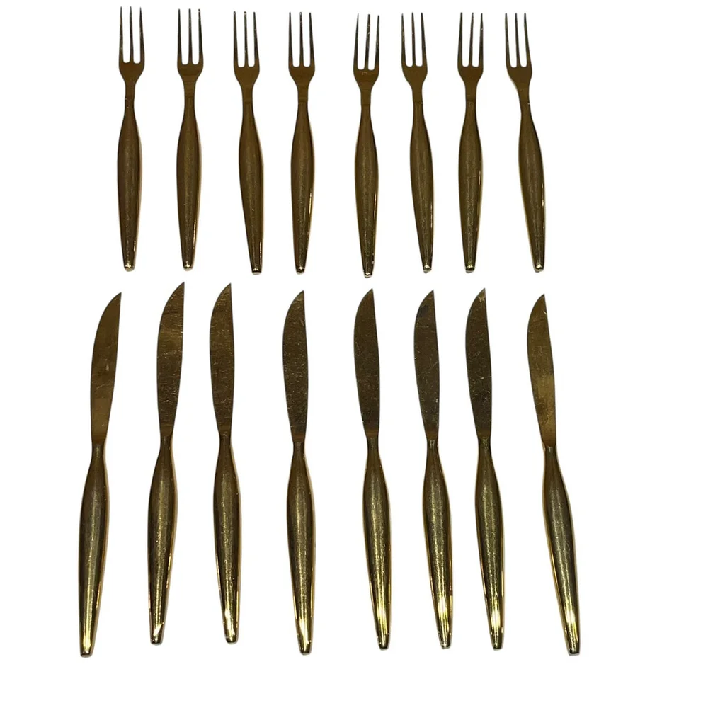 Vintage‎ Gold Appetizer Oyster Fork and Knife with Sleeve Made in Japan GUC Read